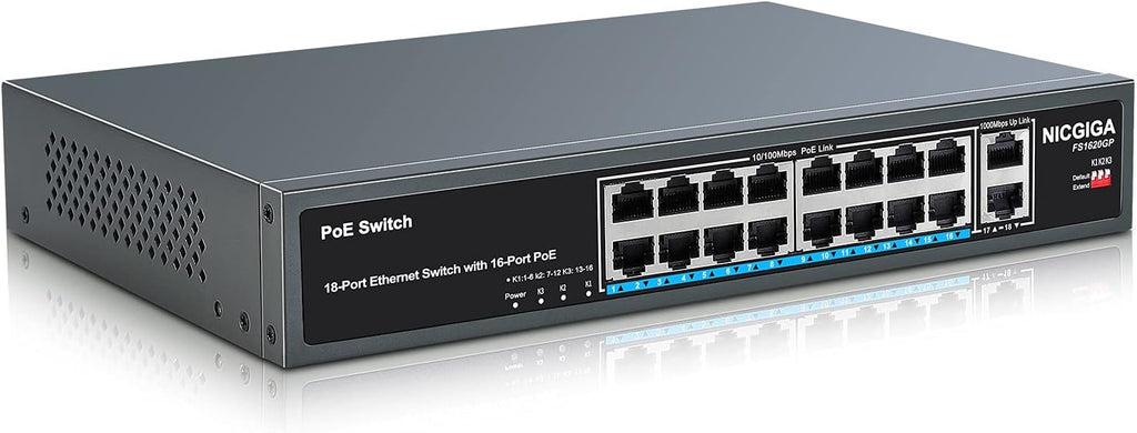 18 Port Gigabit PoE Switch with 16 Ports PoE+@250W, 2 Uplink Ports, Metal Case, RackMount C84865