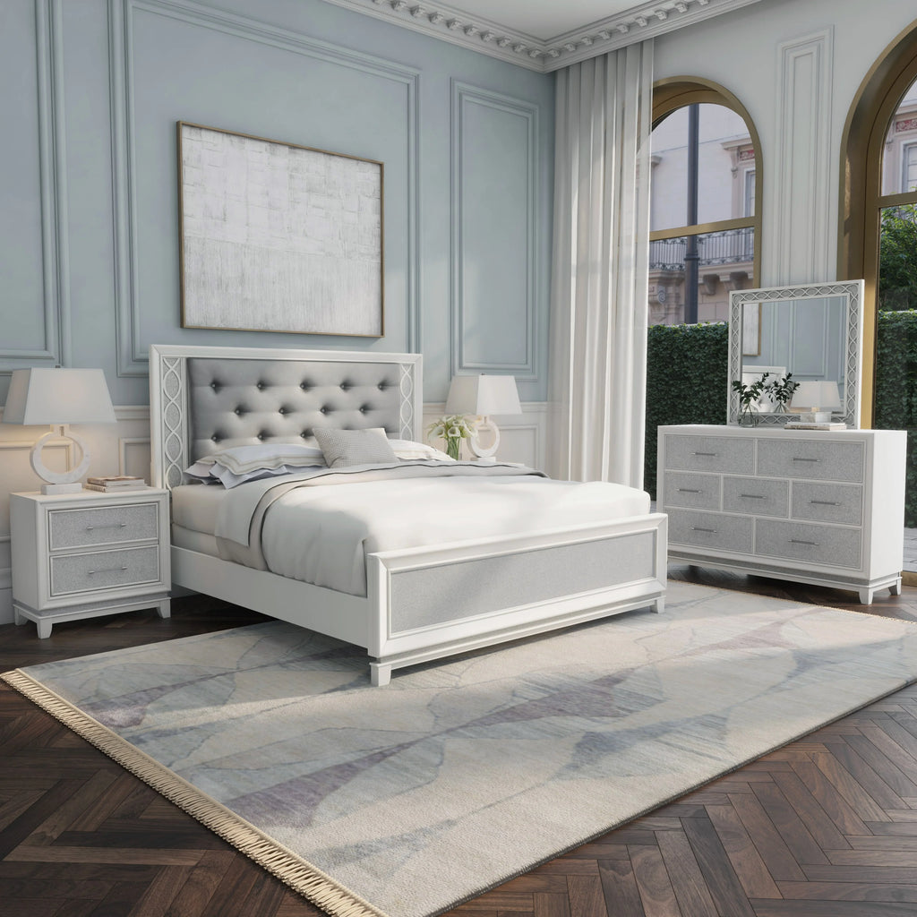 Queen 4-Piece Bedroom Set with LED Lights, Tufted Bed, Dresser, Mirror, and Nightstand in Pearlized White Y60303