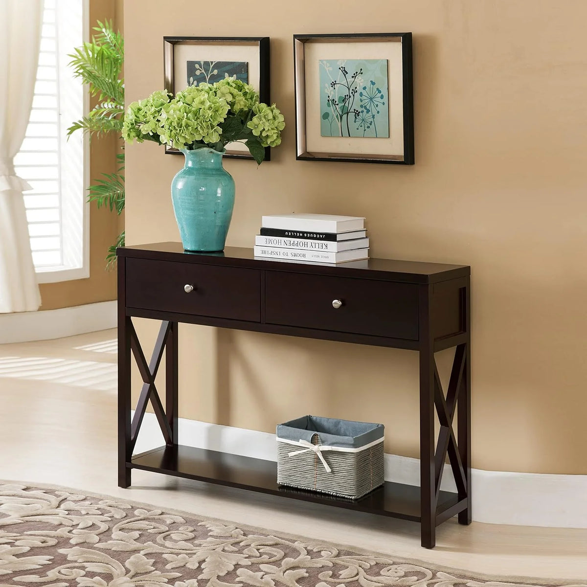 Cherry Console Sofa Entryway Table with Storage Shelf & Drawers Q885591