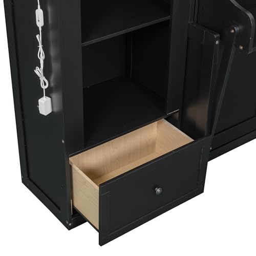 Queen Size Murphy Bed with Sofa, Shelves, USB & Light, Wall Bed and Tall Cabinet with Glass Doors & Wine Rack, White D2996