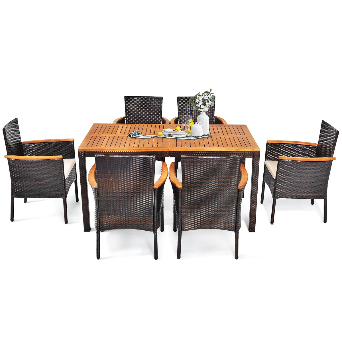 7 Pc Patio Rattan Dining Set Cushioned Chair Wooden Tabletop P412