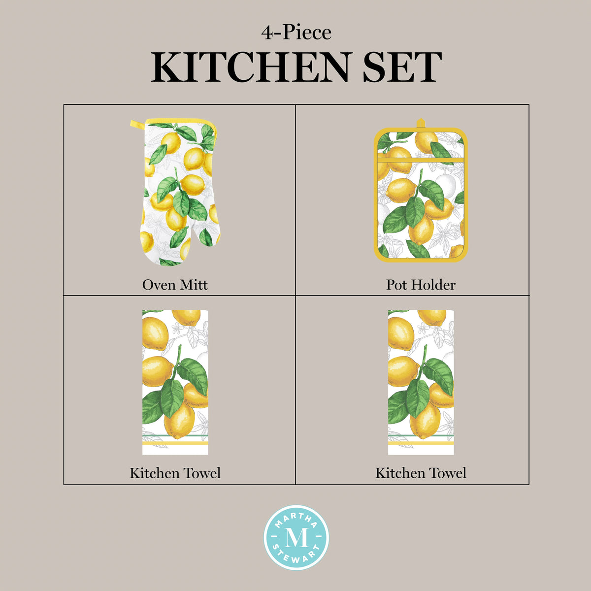 White Yellow Kitchen Towel Oven Mitt Potholder Set 4-Pack M932