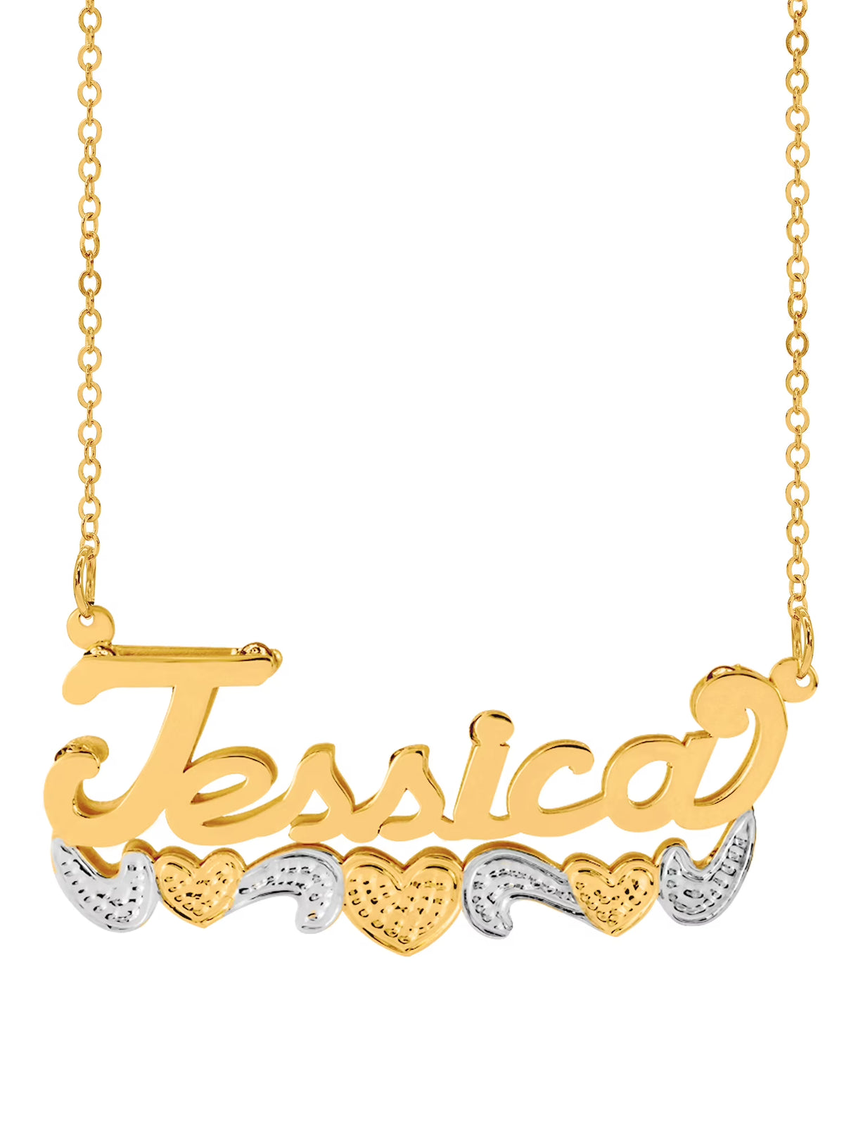Sterling Silver 14K Gold Plated Double Name Necklace with Hearts and Tail, 18" Link Chain, Spring Ring Clasp P213285