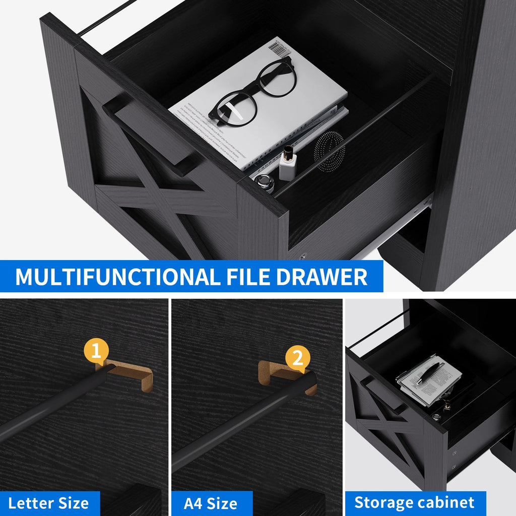 Black L-Shaped Desk with Power Outlet and File Cabinets E418012