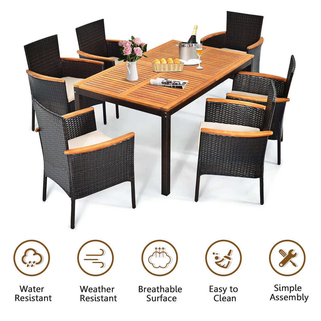 7 Pc Patio Rattan Dining Set Cushioned Chair Wooden Tabletop P412