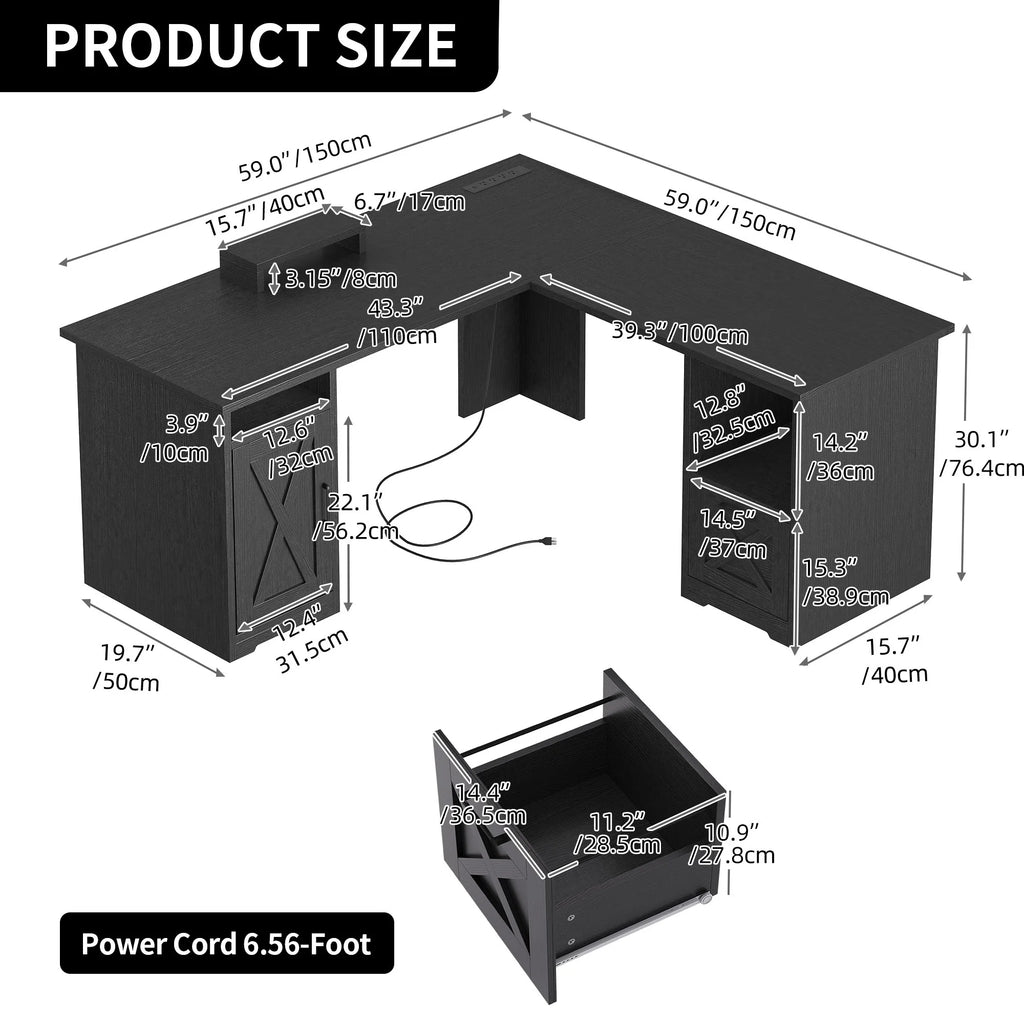 Black L-Shaped Desk with Power Outlet and File Cabinets E418012