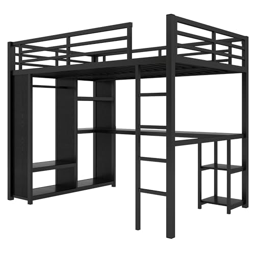 Queen Size Black Metal Loft Bed with Wardrobe and Desk N524