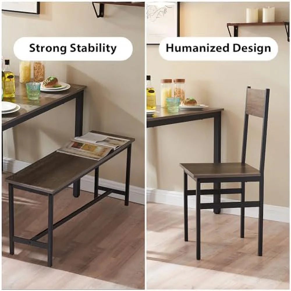Dining Room Table Set with 2 Chairs and Bench Metal Frame Wood T6962