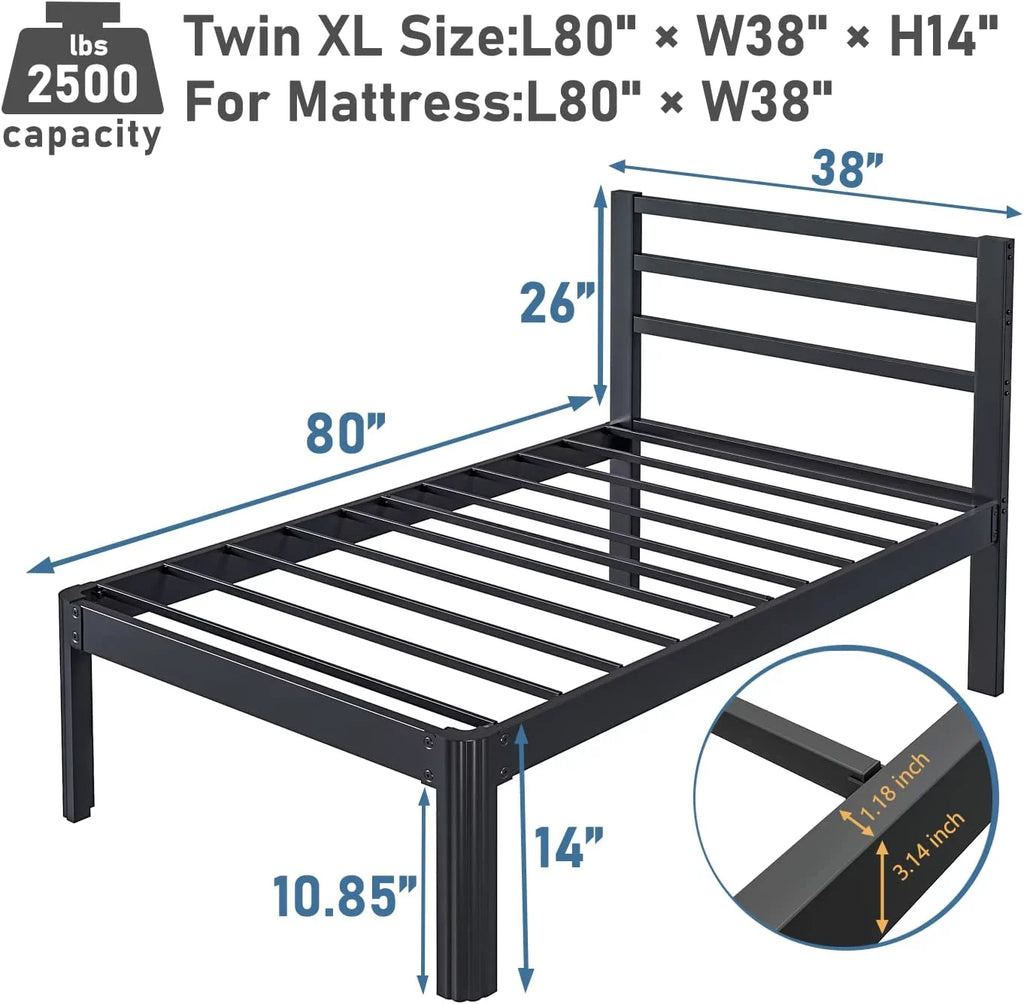 Twin XL 14 Inch Heavy Duty Metal Bed Frame with Headboard T49365