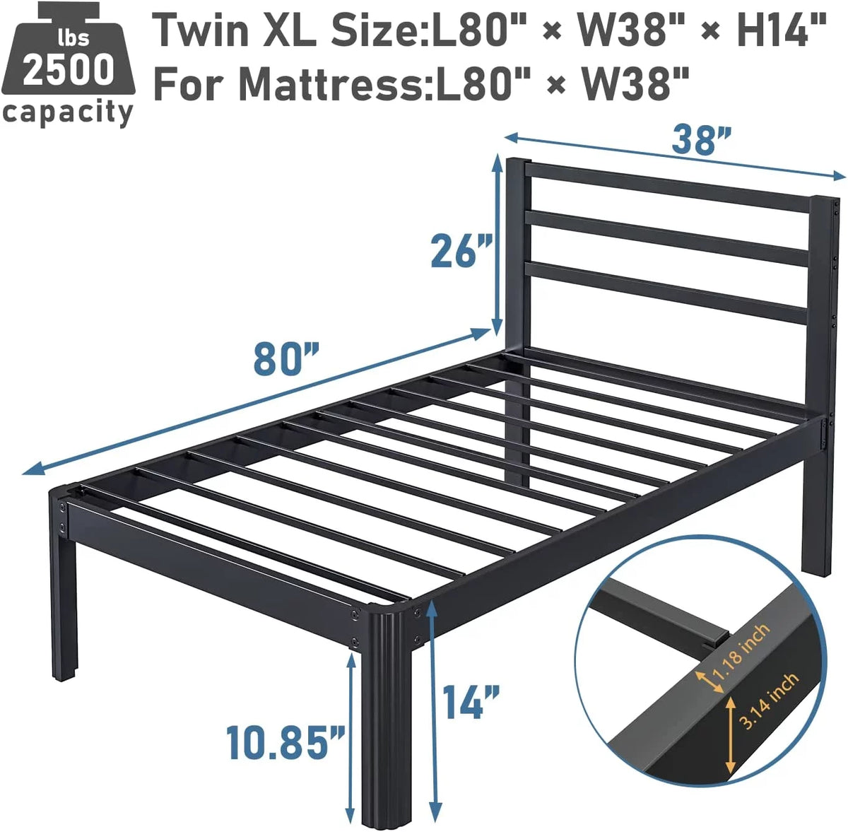Twin XL 14 Inch Heavy Duty Metal Bed Frame with Headboard T49365