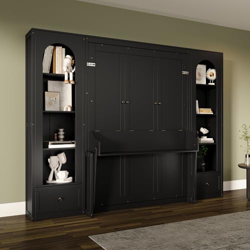 Queen Size Murphy Bed with Sofa, Shelves, USB & Light, Wall Bed and Tall Cabinet with Glass Doors & Wine Rack, White D2996