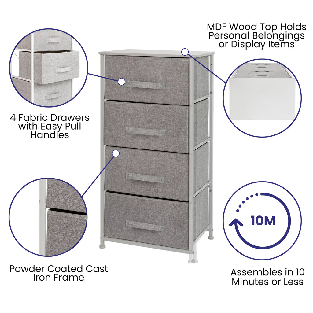 White Metal Frame 4 Gray Fabric Drawers Dresser U658